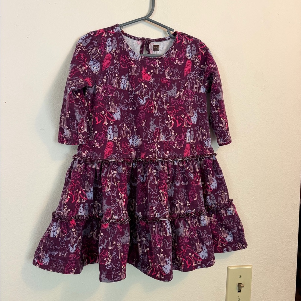 Girls' Pink Purple Tiered Long-Sleeve Dress